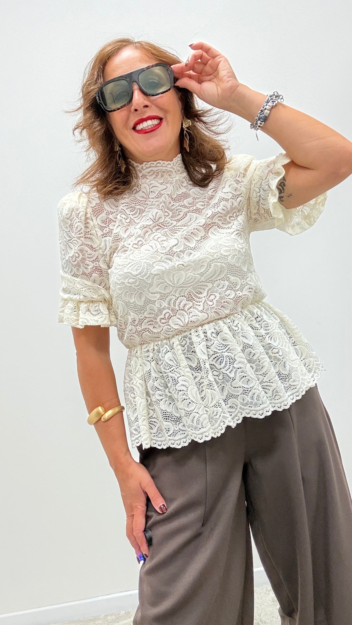 T-shirt pizzo manica sbuffo TPA-R006 burro