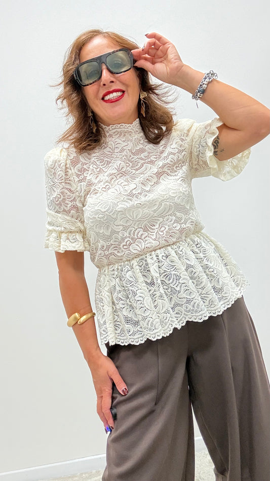 T-shirt pizzo manica sbuffo TPA-R006 burro