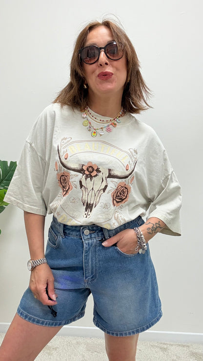 T-shirt rose skull Haveone sabbia