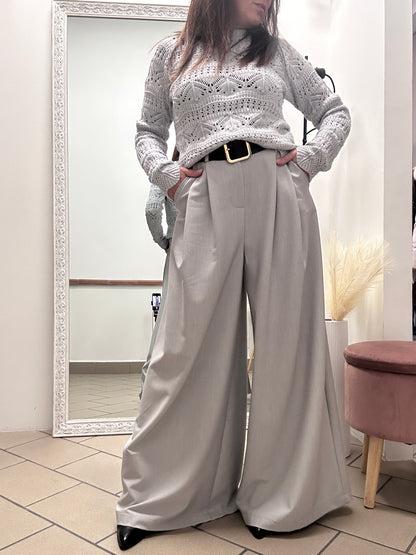 Haveone Grey Palazzo Pants With Belt