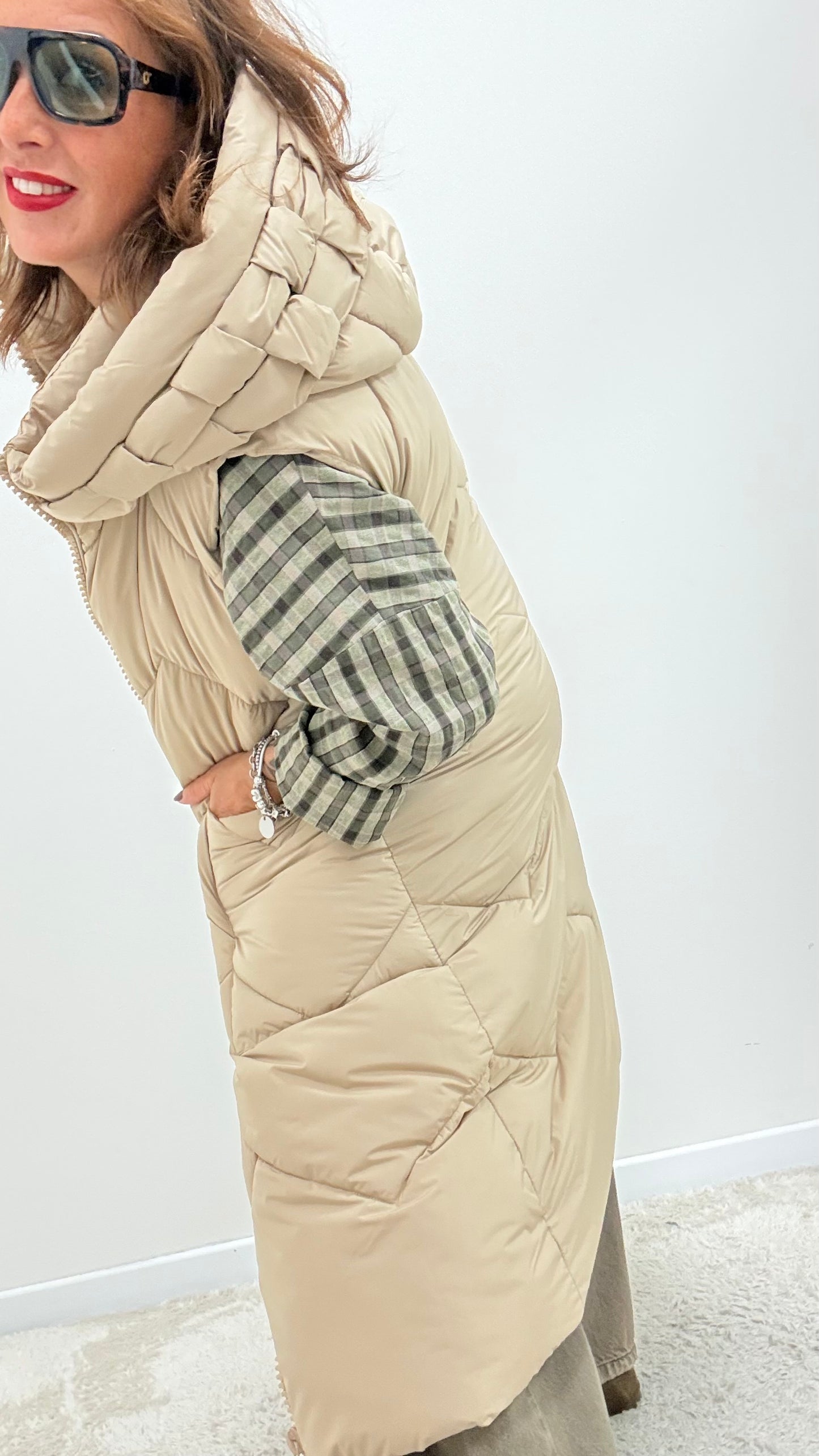 Gilet trapuntato con cappuccio Extasy beige