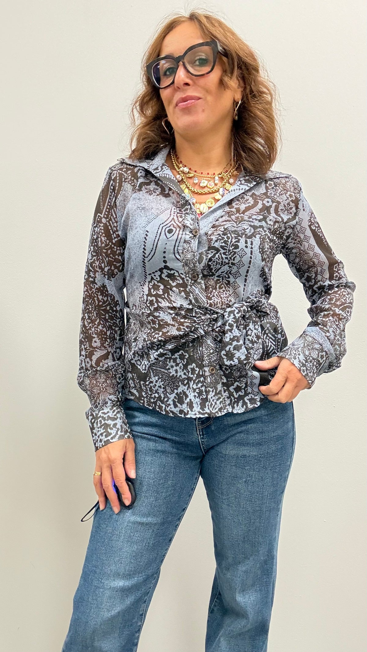 Camicia georgette fantasia con nodo Extasy azzurro moro e lurex