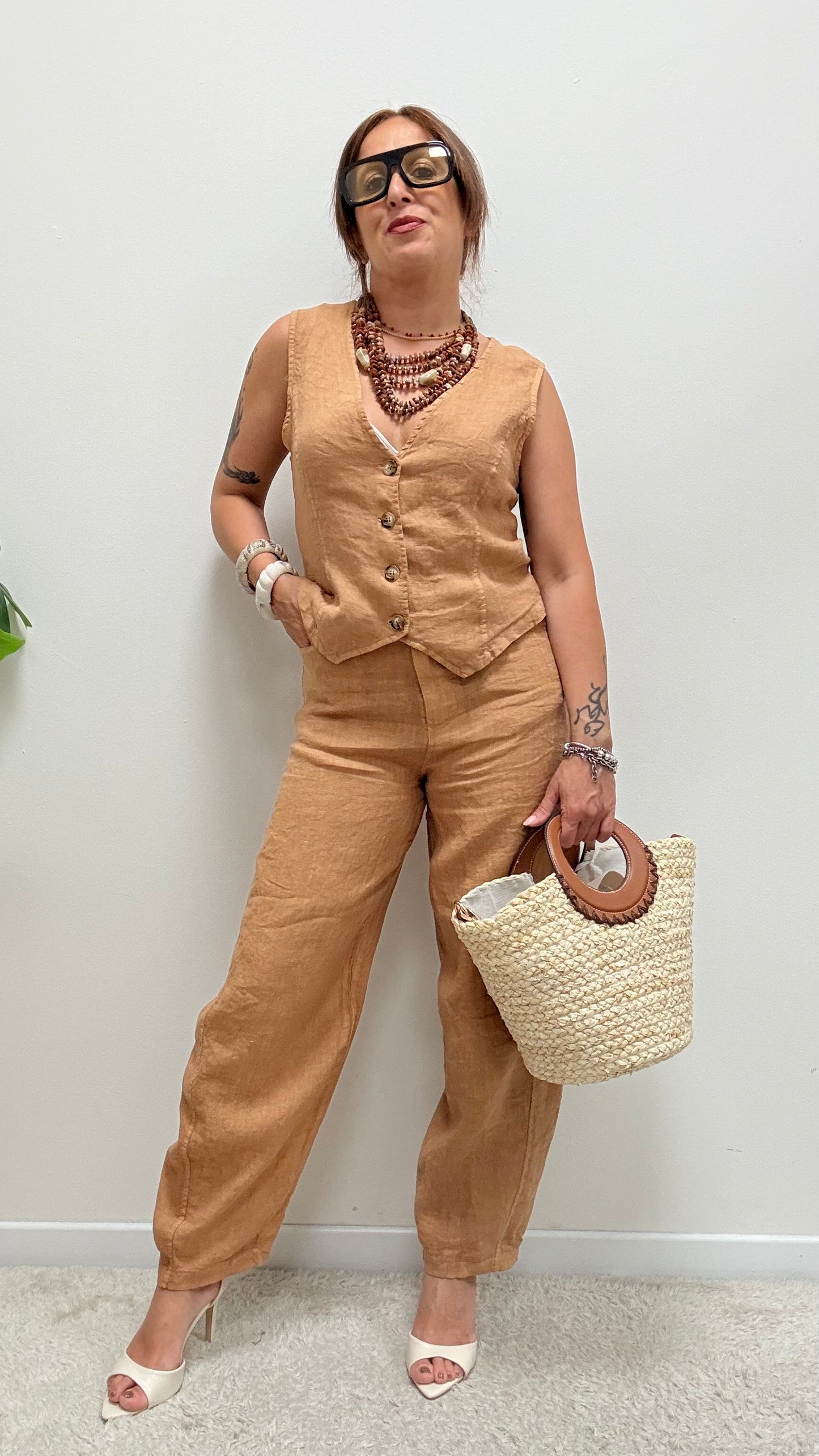 Pantaloni Barbara in lino cammello Haveone