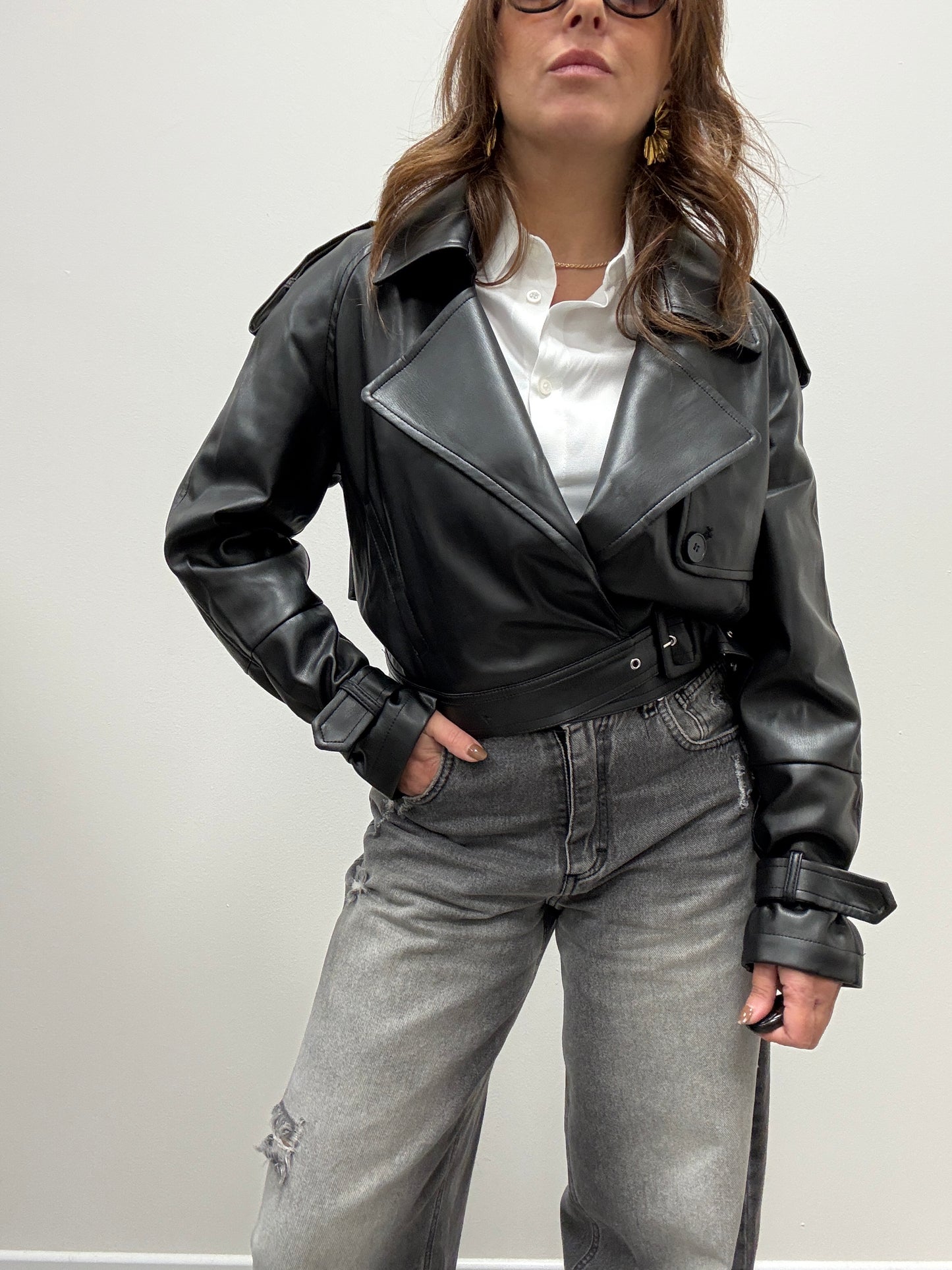 Giacca bomber ecopelle cintura nero