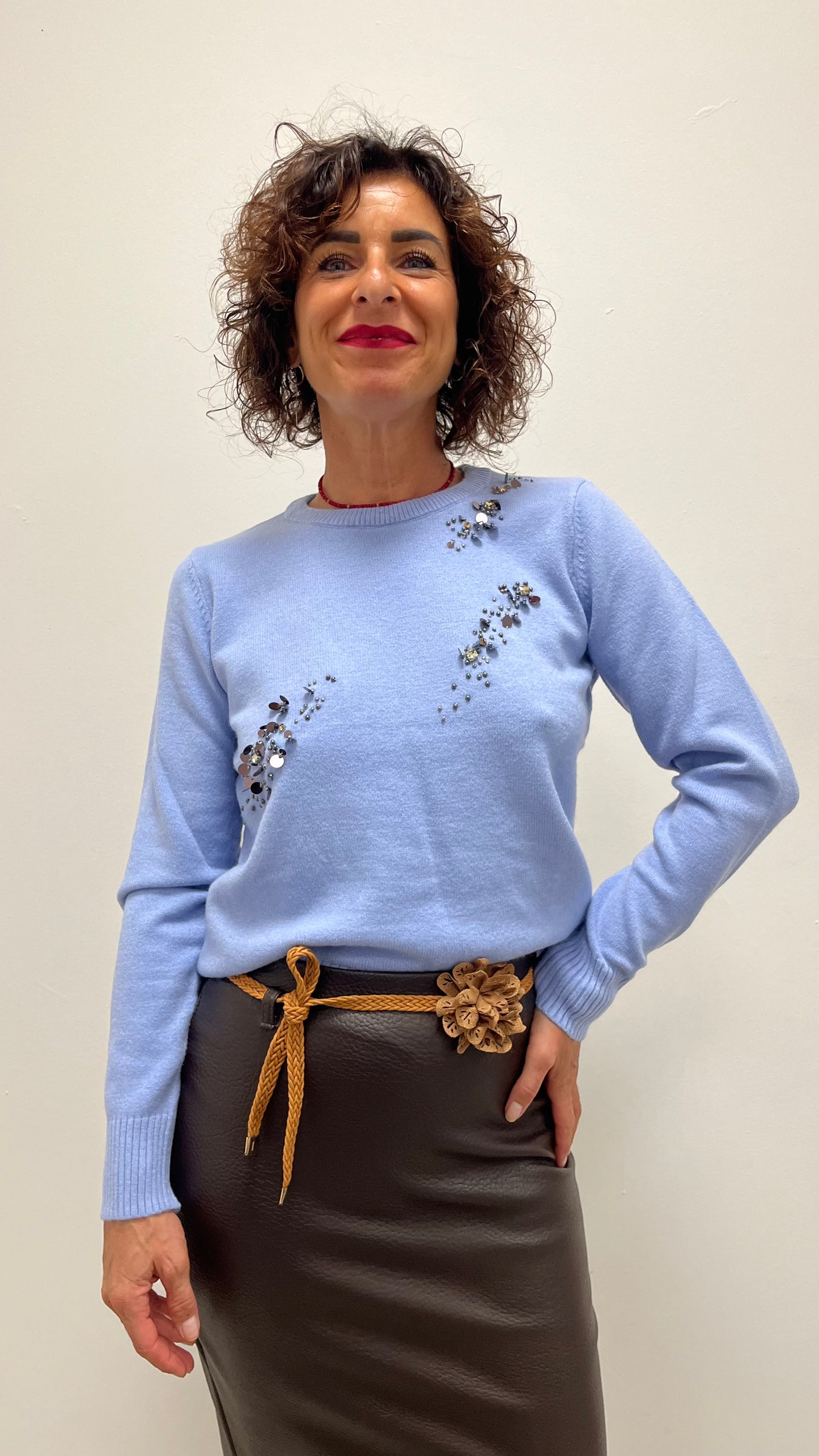 Maglia Paricollo Paillettes e Strass Extasy Azzurra