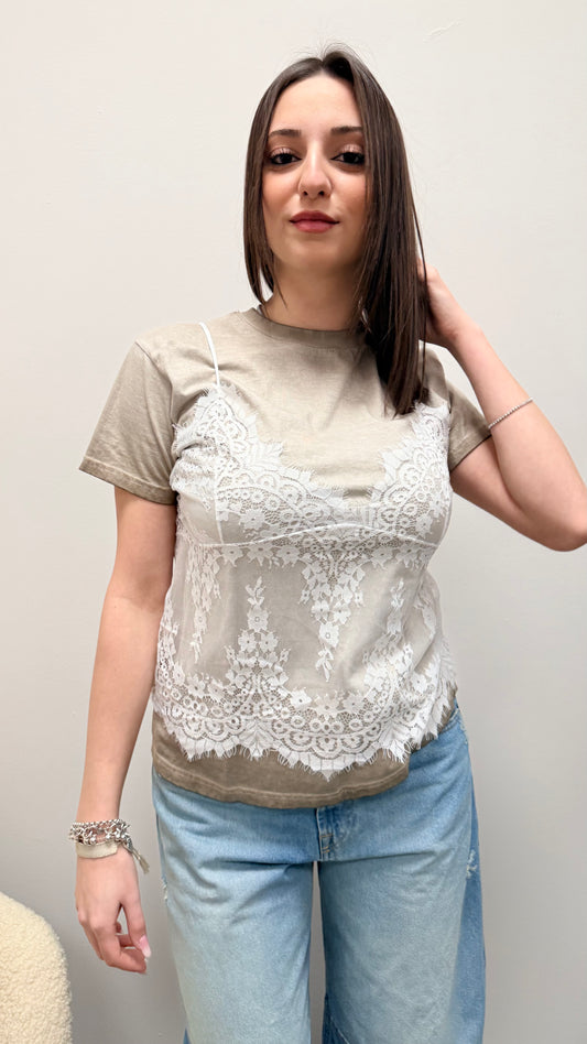 T-shirt top pizzo Haveone fango slavato