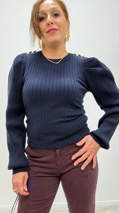 Maglia girocollo bottoni gioiello Extasy blu navy