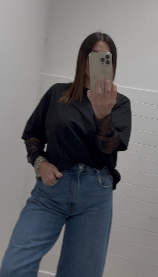 Susy Mix T-Shirt con Manica in Pizzo Nera