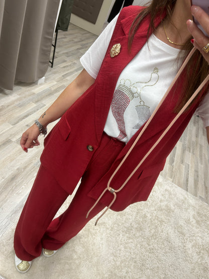 Susy mix completo gilet con spilla in lino rosso India