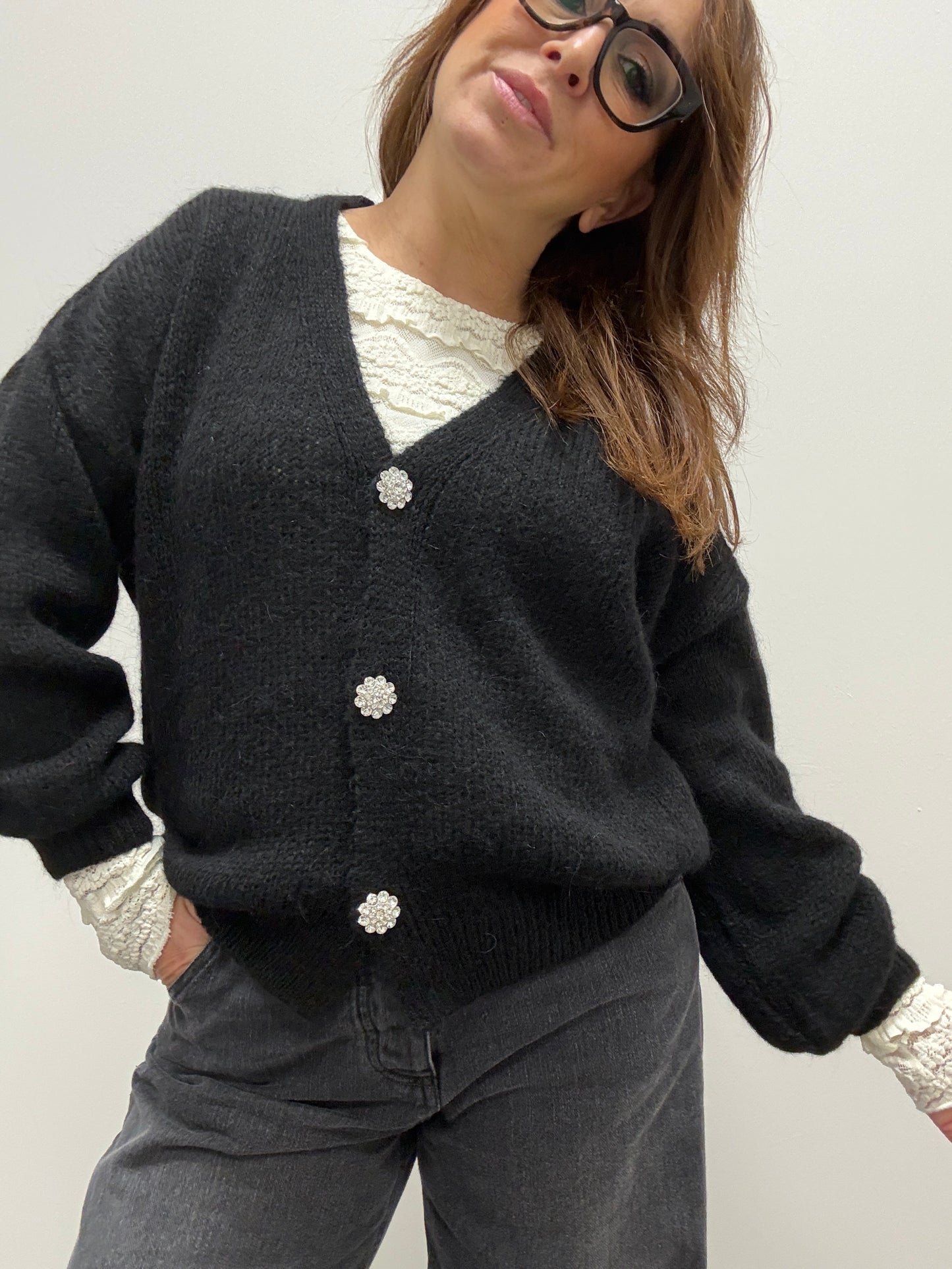 Cardigan gioiello Strass Haveone nero