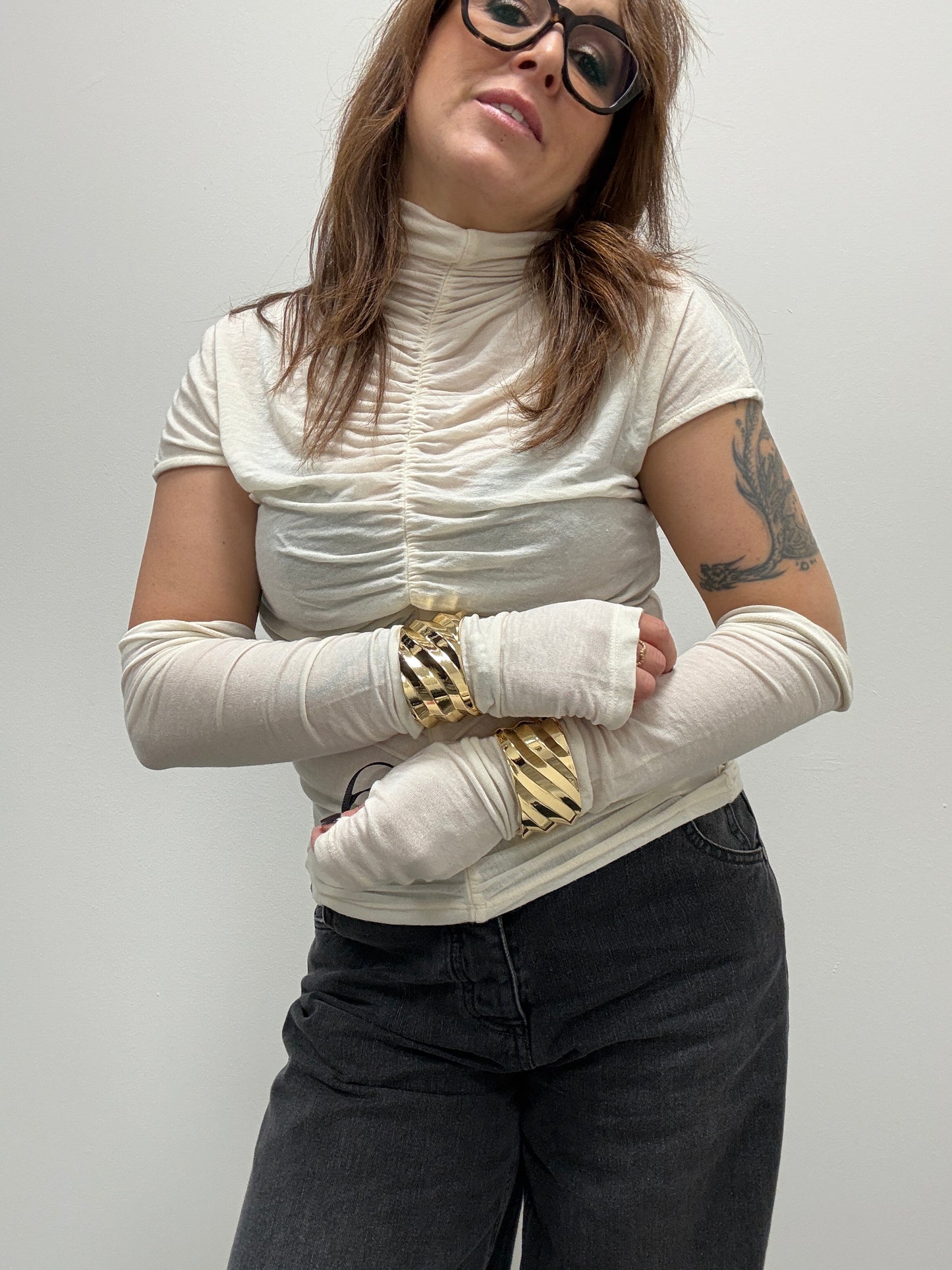 Maglia lupetto cashmire arricciato con manicotti  burro Haveone