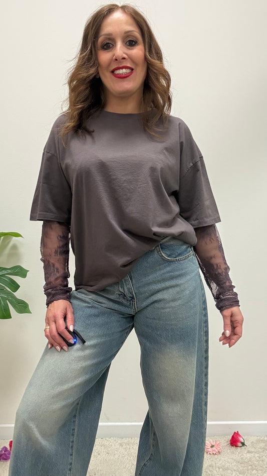 Susy Mix T-Shirt con Manica in Pizzo Moro