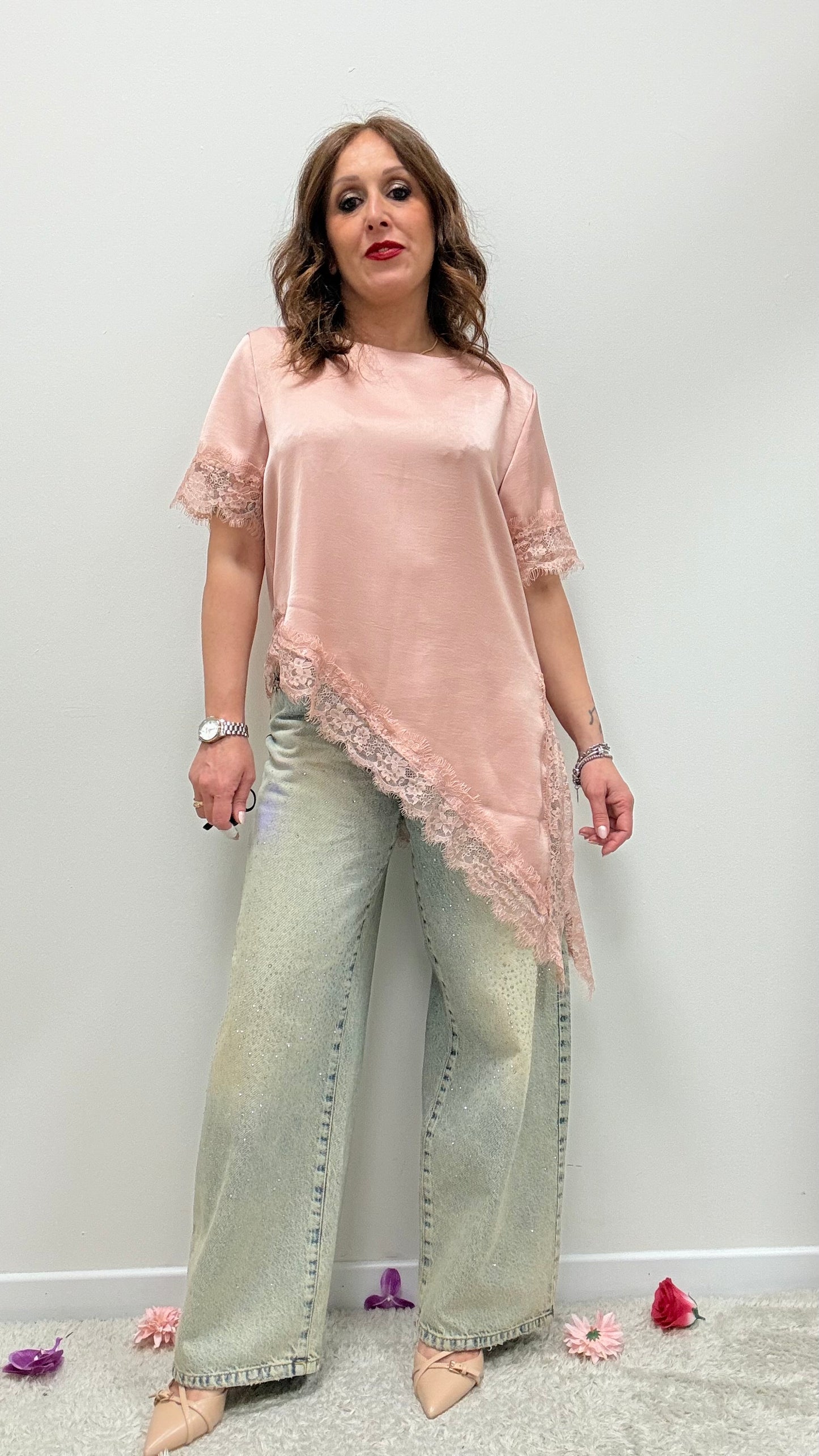 Maglia raso asimmetrica pizzo Memoire