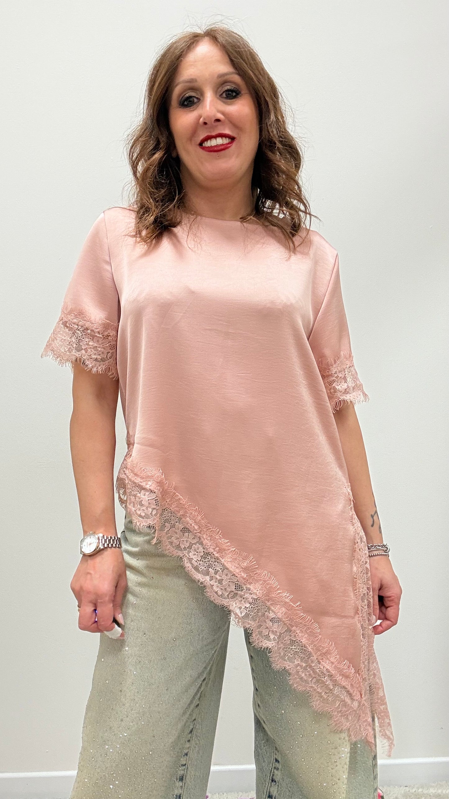 Maglia raso asimmetrica pizzo Memoire