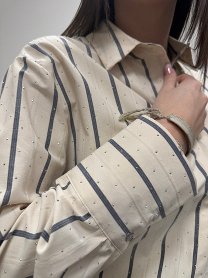 Camicia Righe burro e grigio con strass Haveone