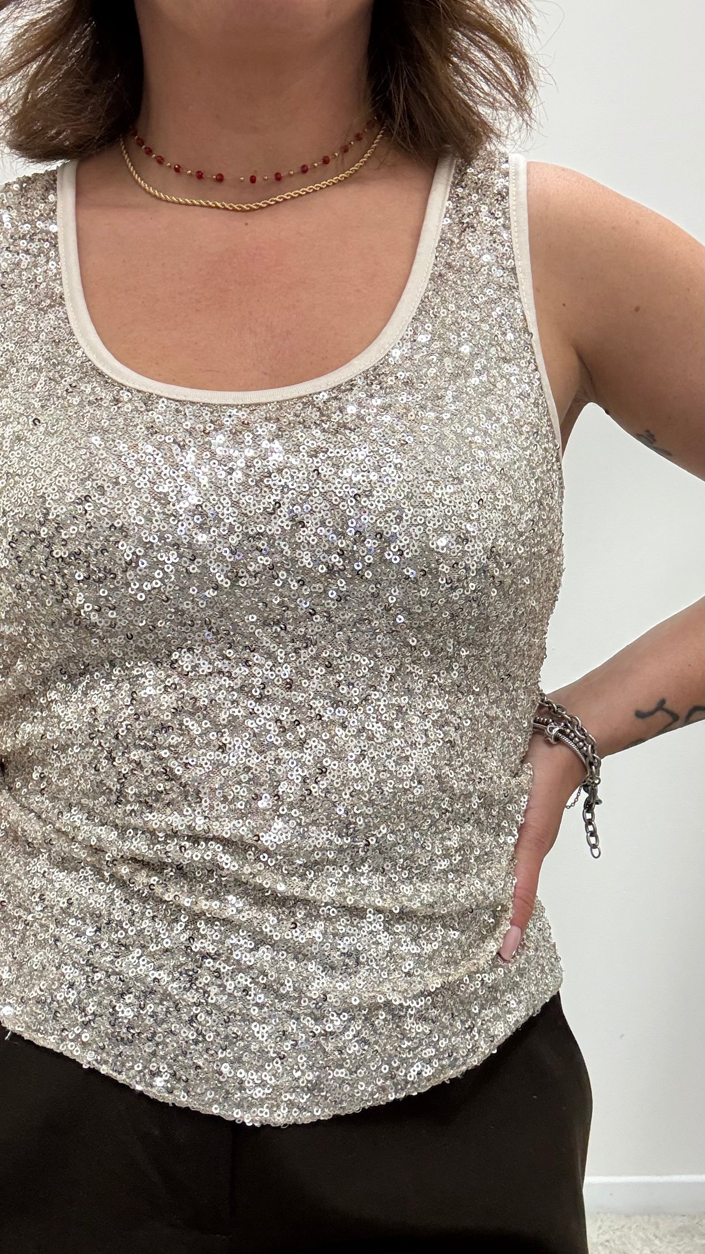 Canotta in Paillettes tortora Susy Mix