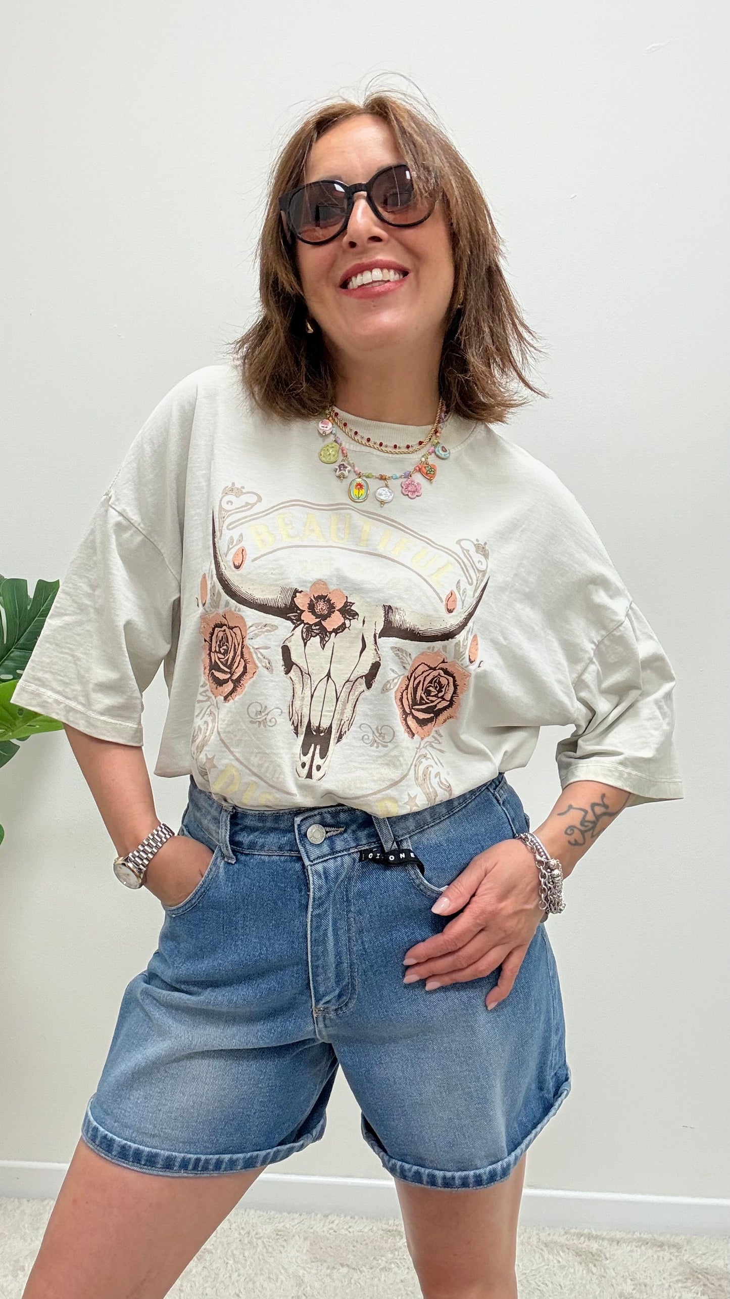 T-shirt rose skull Haveone sabbia