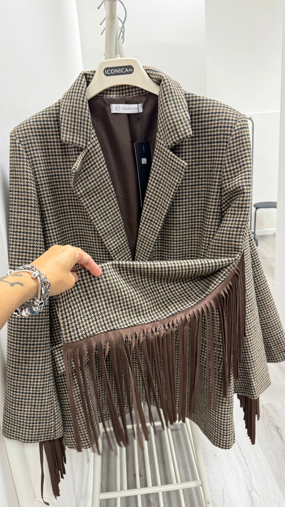 Giacca donna pied de poule con frange in eco dainetto Memoire