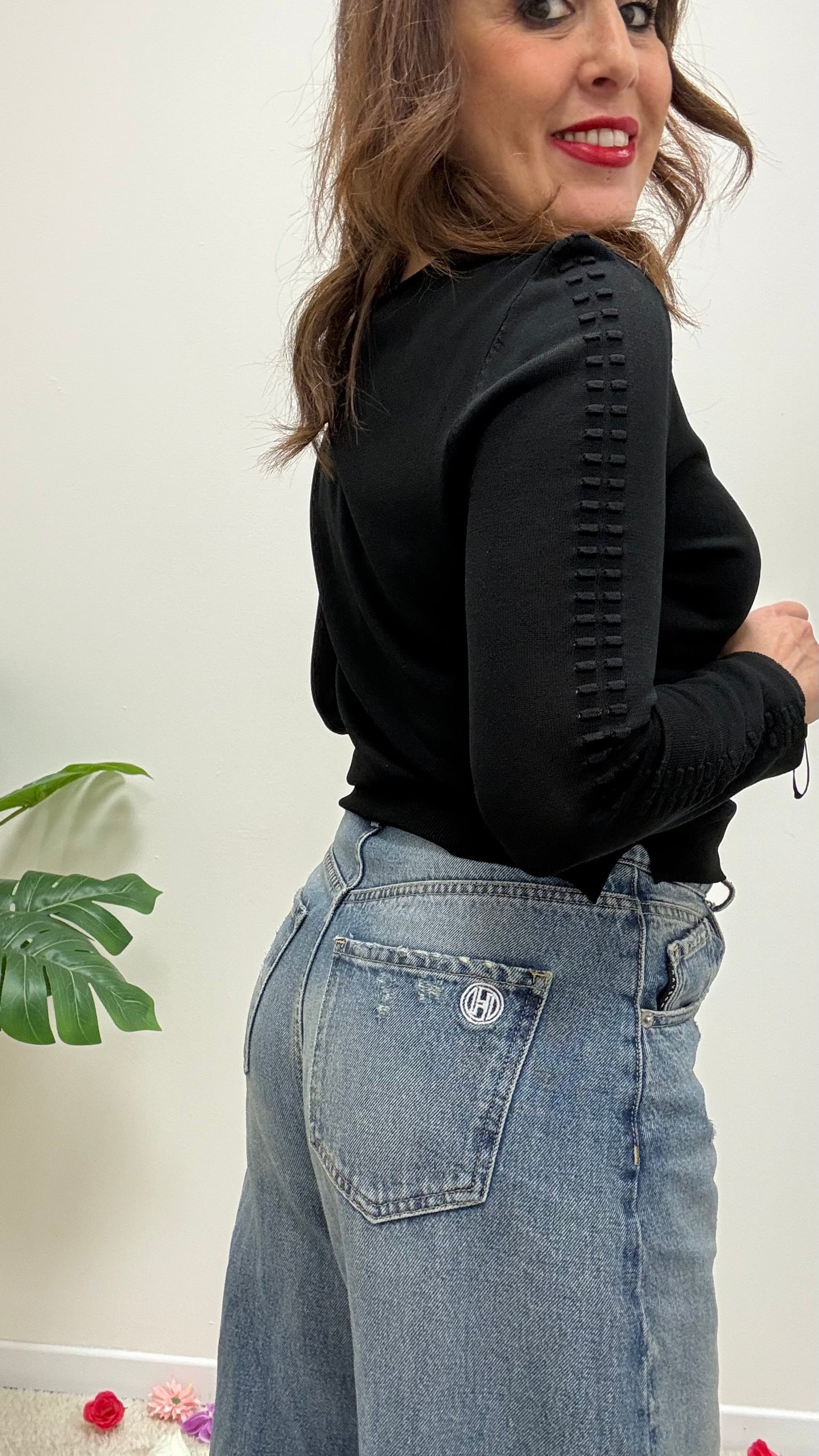 Maglia crop manica lavorata Extasy Nera