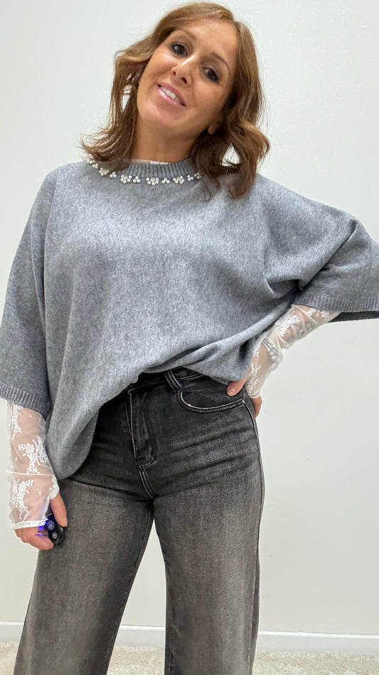 Maglia manica 3/4 con Swarovski Extyn grigio