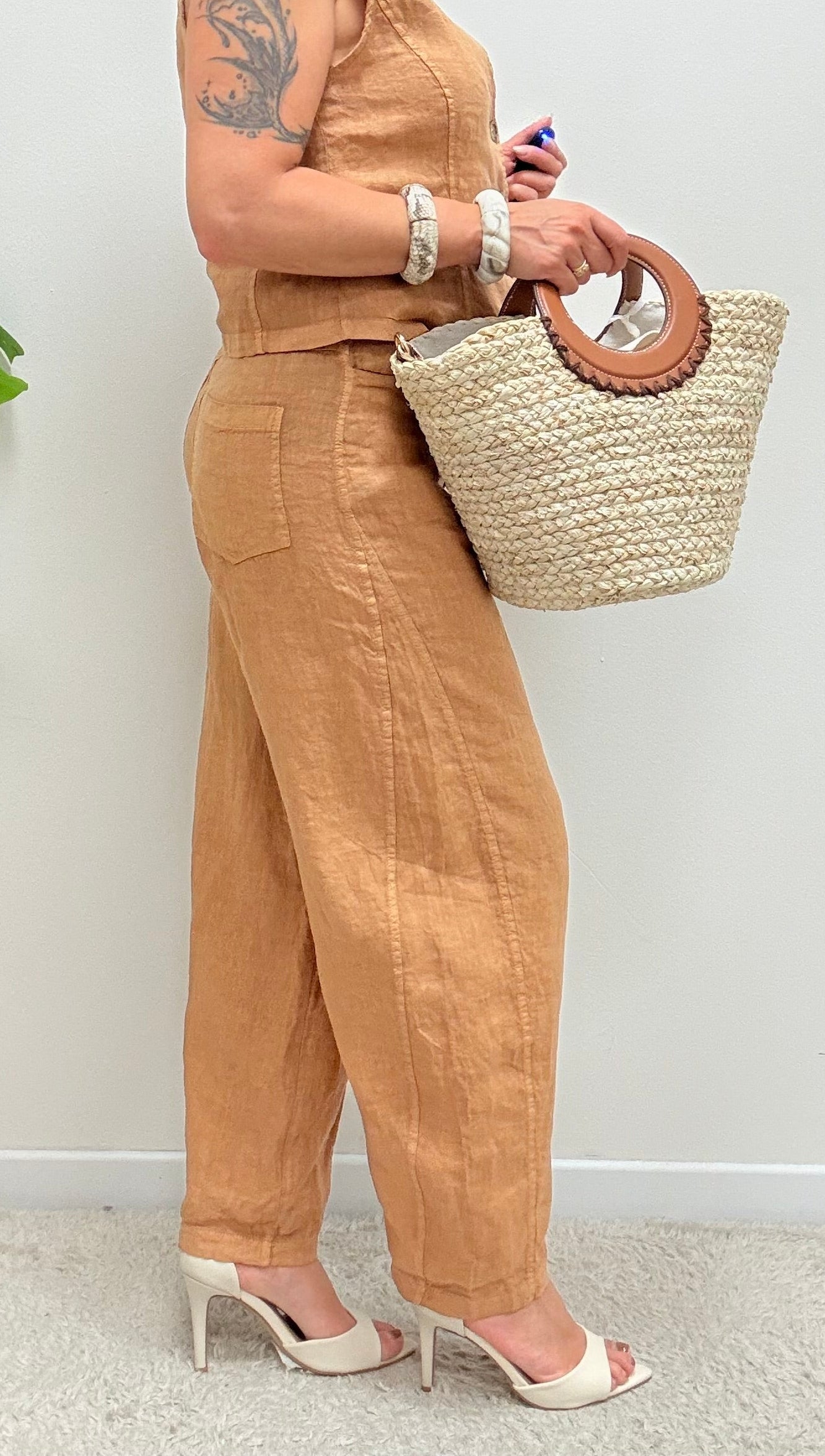 Pantaloni Barbara in lino cammello Haveone