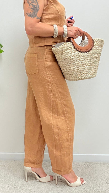 Pantaloni Barbara in lino cammello Haveone