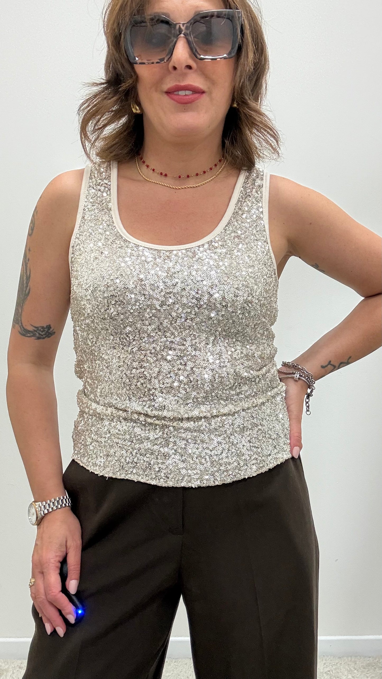 Canotta in Paillettes tortora Susy Mix