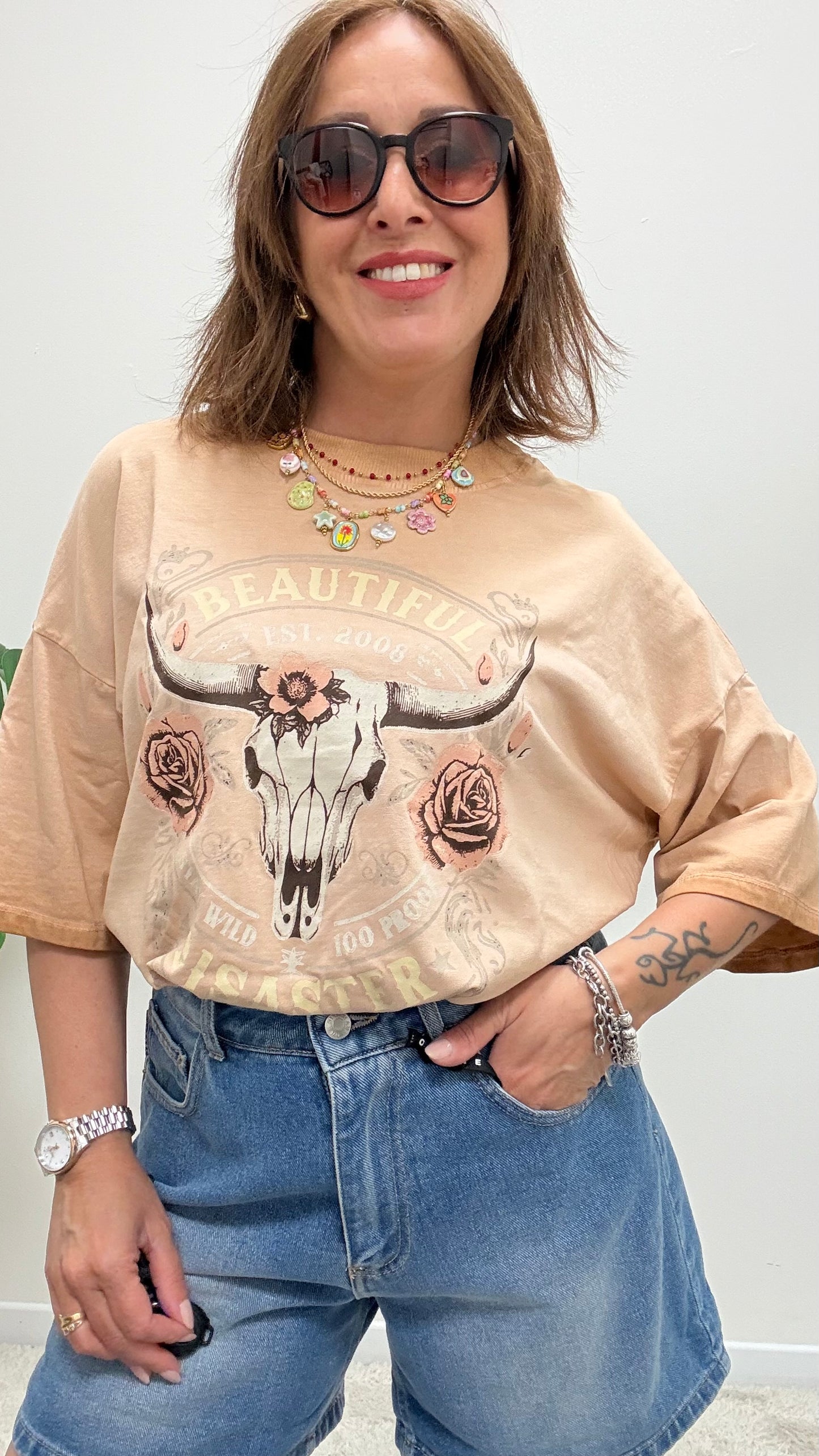 T-shirt rose skull Haveone rosa blush