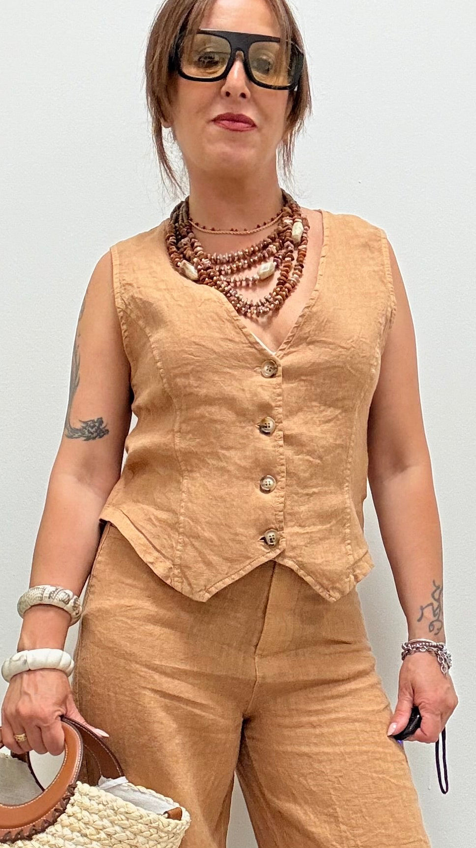Gilet in lino avvitato cammello Haveone