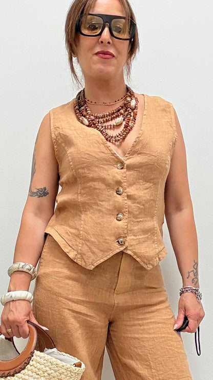 Gilet in lino avvitato cammello Haveone