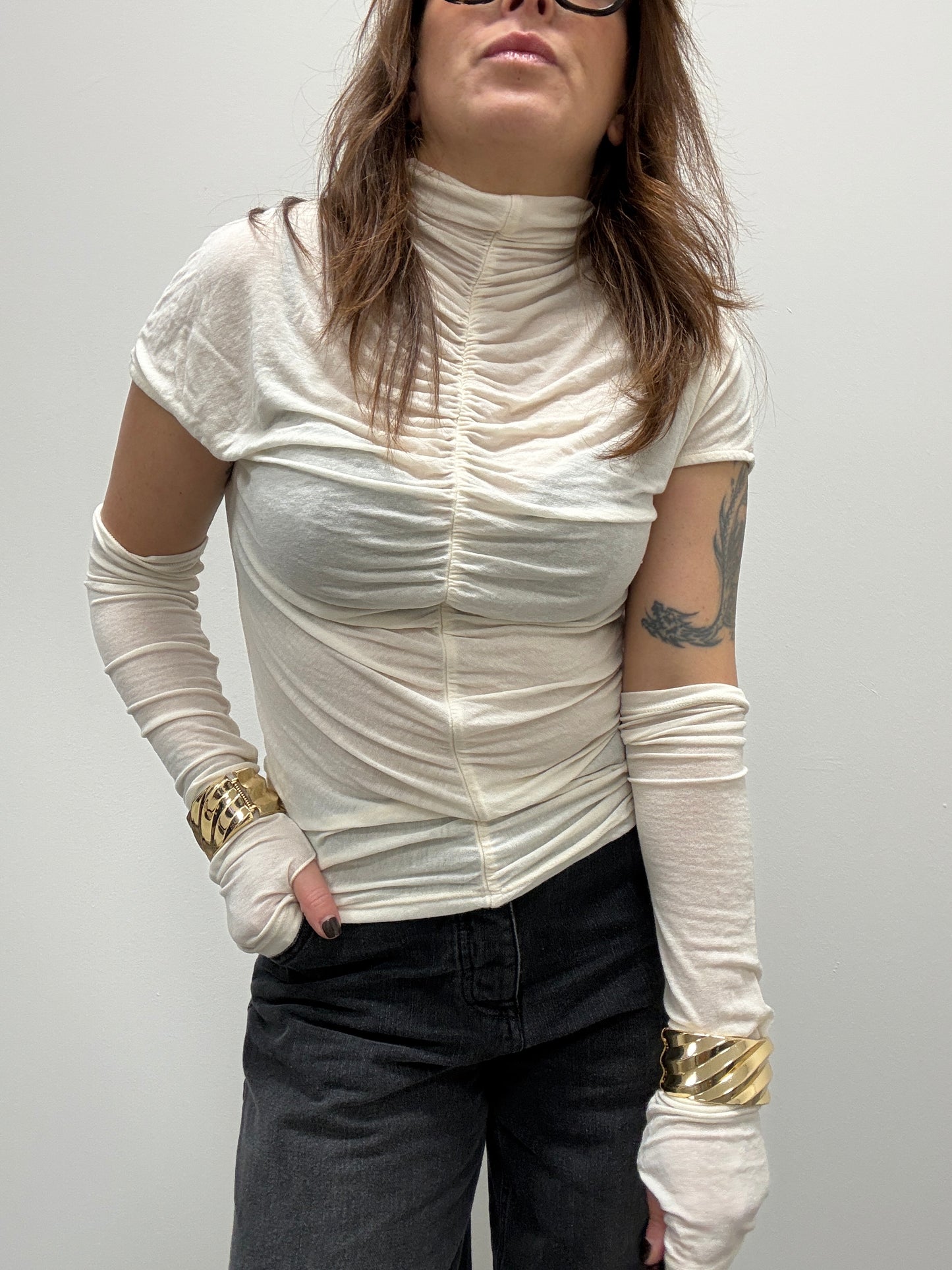 Maglia lupetto cashmire arricciato con manicotti  burro Haveone