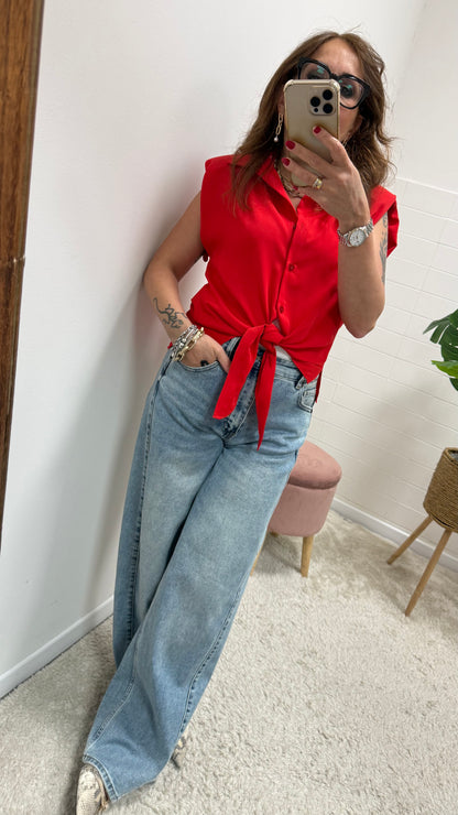 Camicia smanicata in Tessuto Fluido Rossa Susy Mix