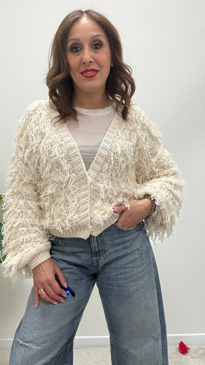 Cardigan corto con frangette burro Haveone