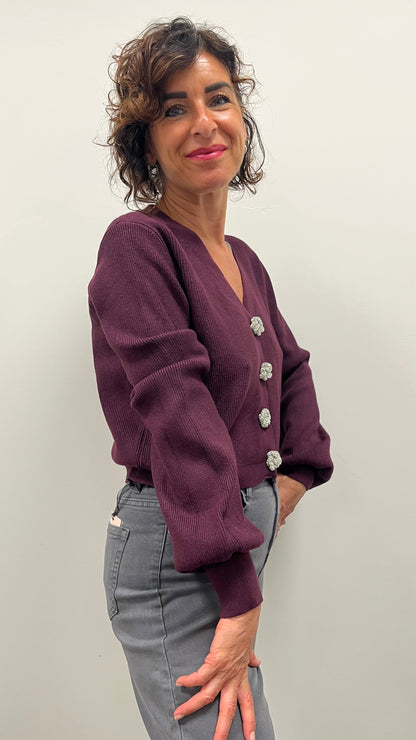 Cardigan Bottone Gioiello Bordeaux