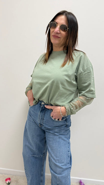 Susy Mix T-Shirt con Manica in Pizzo Verde Salvia