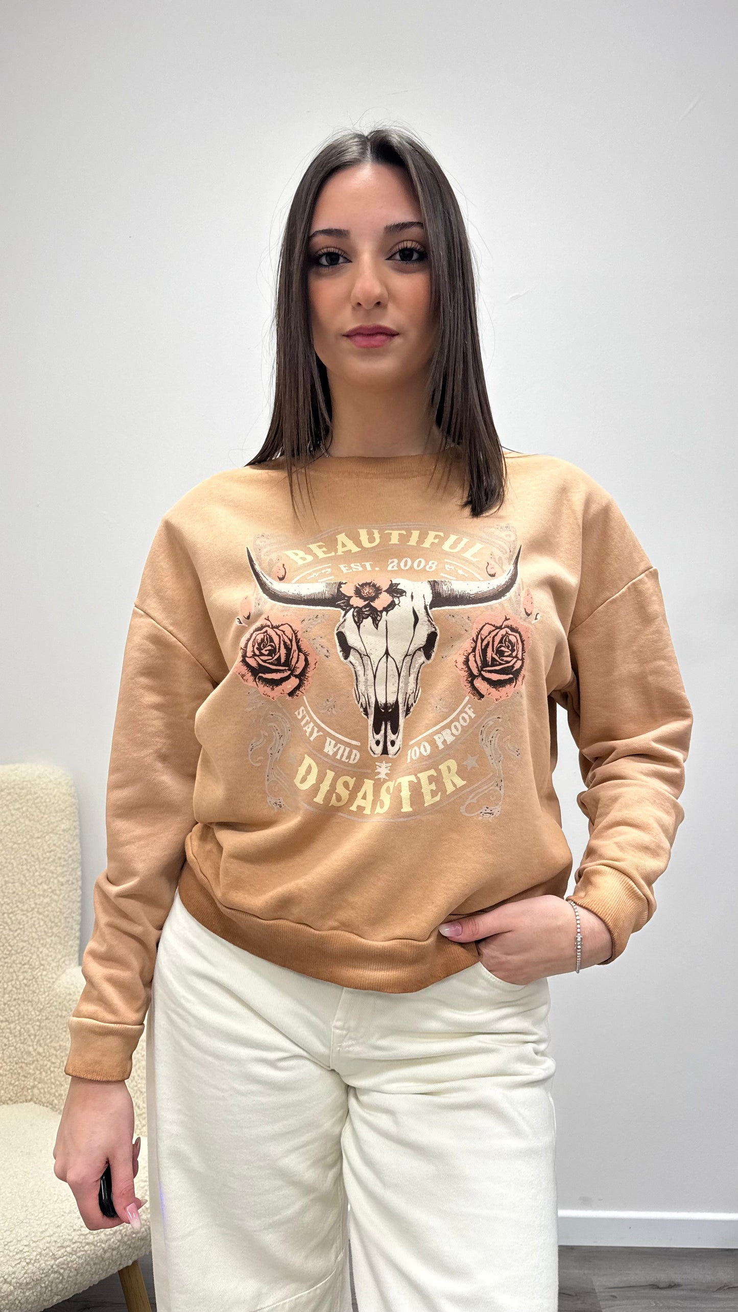Felpa stampa rose skull con spalline rosa blush Haveone