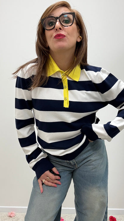 Polo righe blu con colletto a contrasto Tensione in