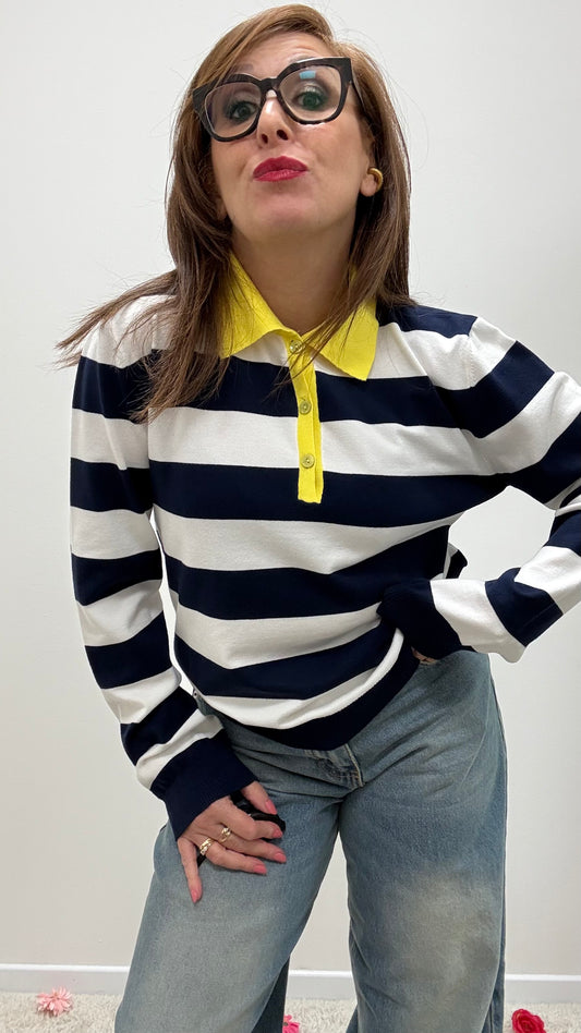 Polo righe blu con colletto a contrasto Tensione in