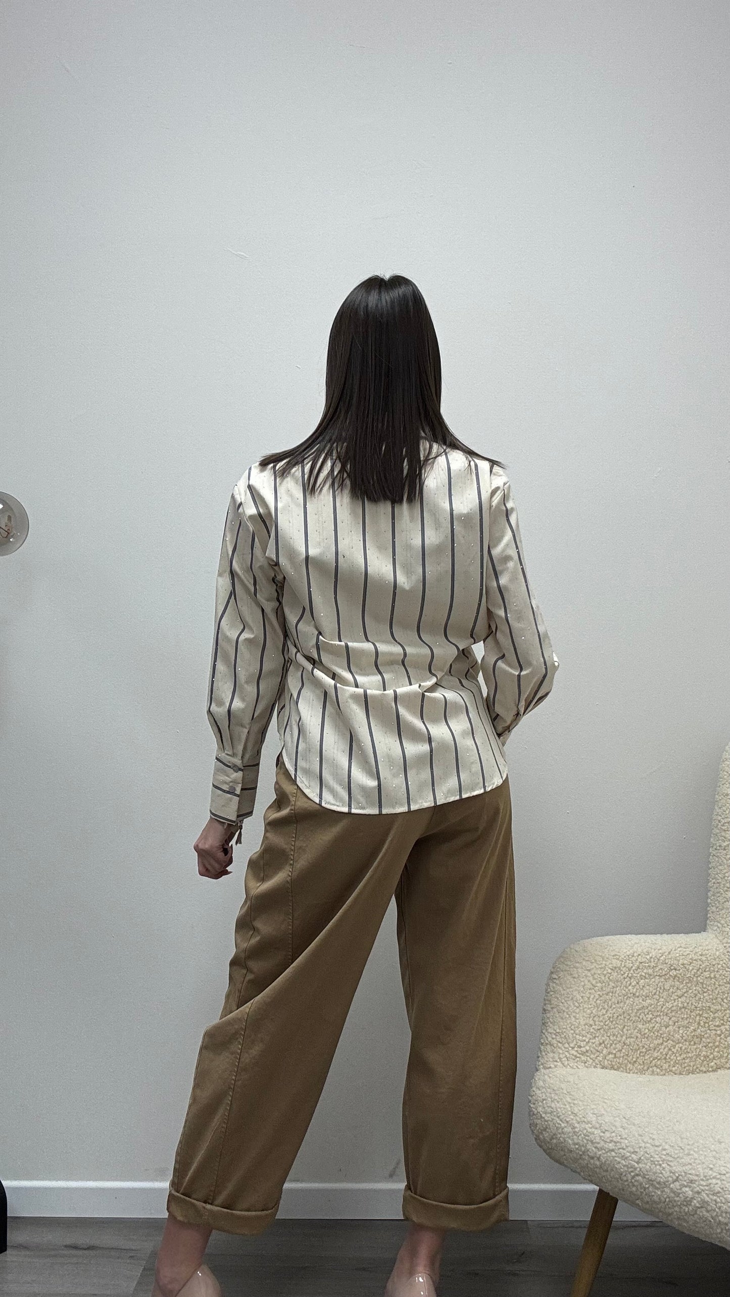 Camicia Righe burro e grigio con strass Haveone