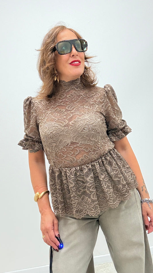 T-shirt pizzo manica sbuffo HaveOne TPA-R006 moro