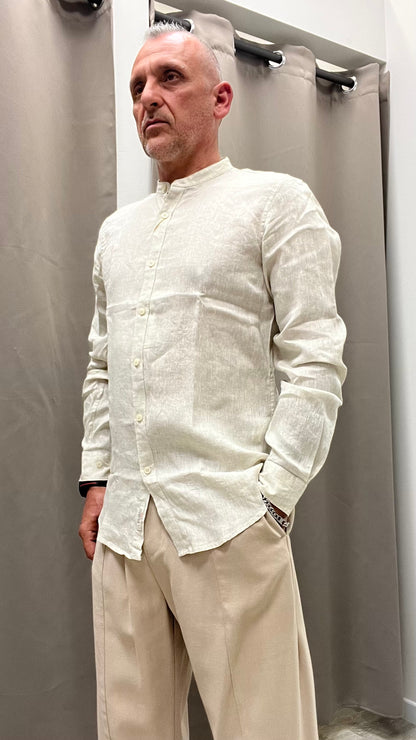 Camicia in Lino Beige Collo Coreana Gianni Lupo