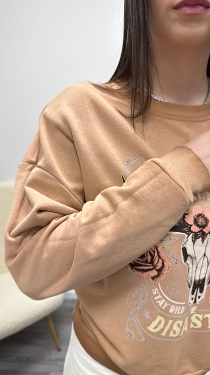 Felpa stampa rose skull con spalline rosa blush Haveone