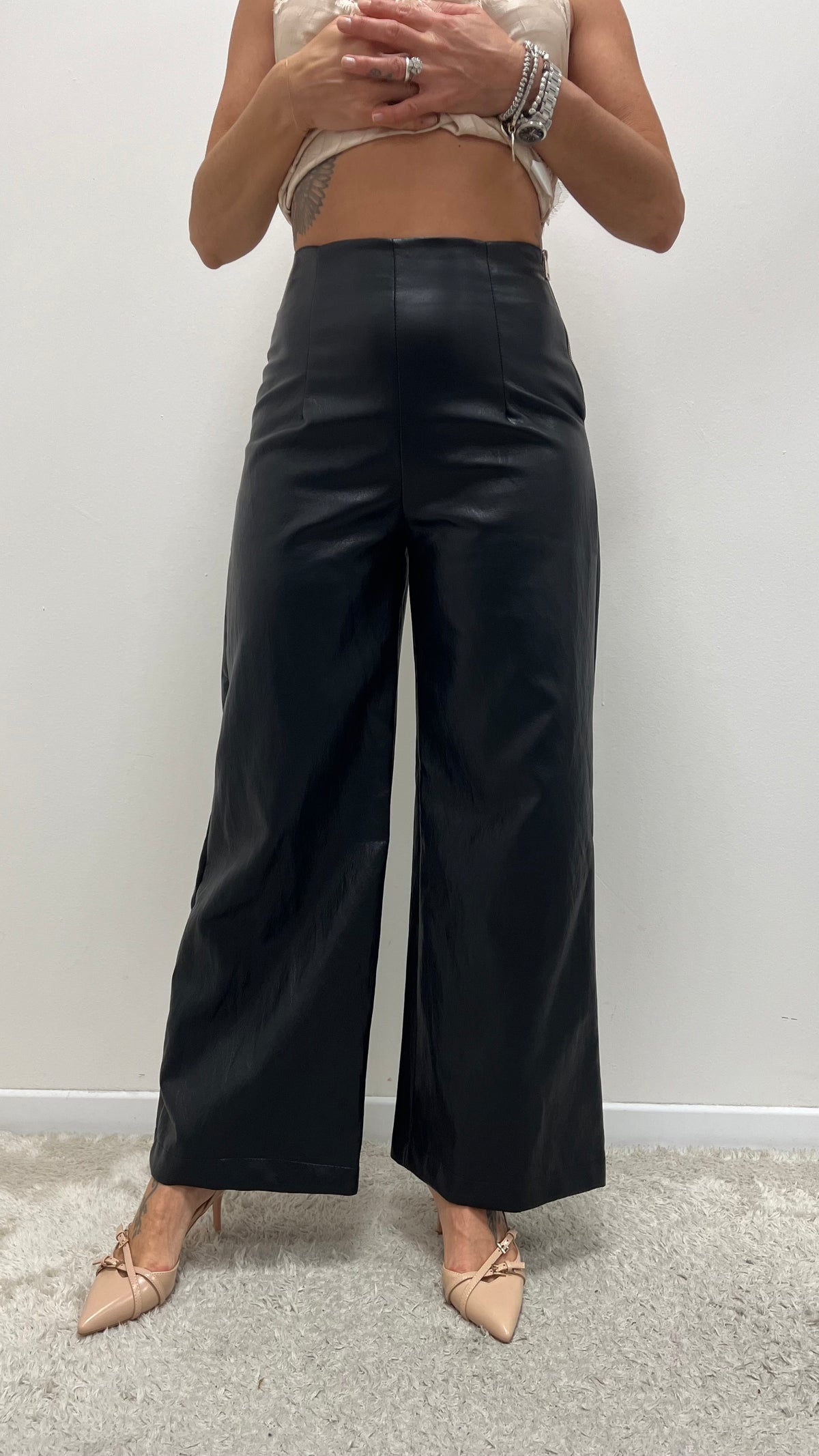 Pantalone palazzo donna in ecopelle nero My-d