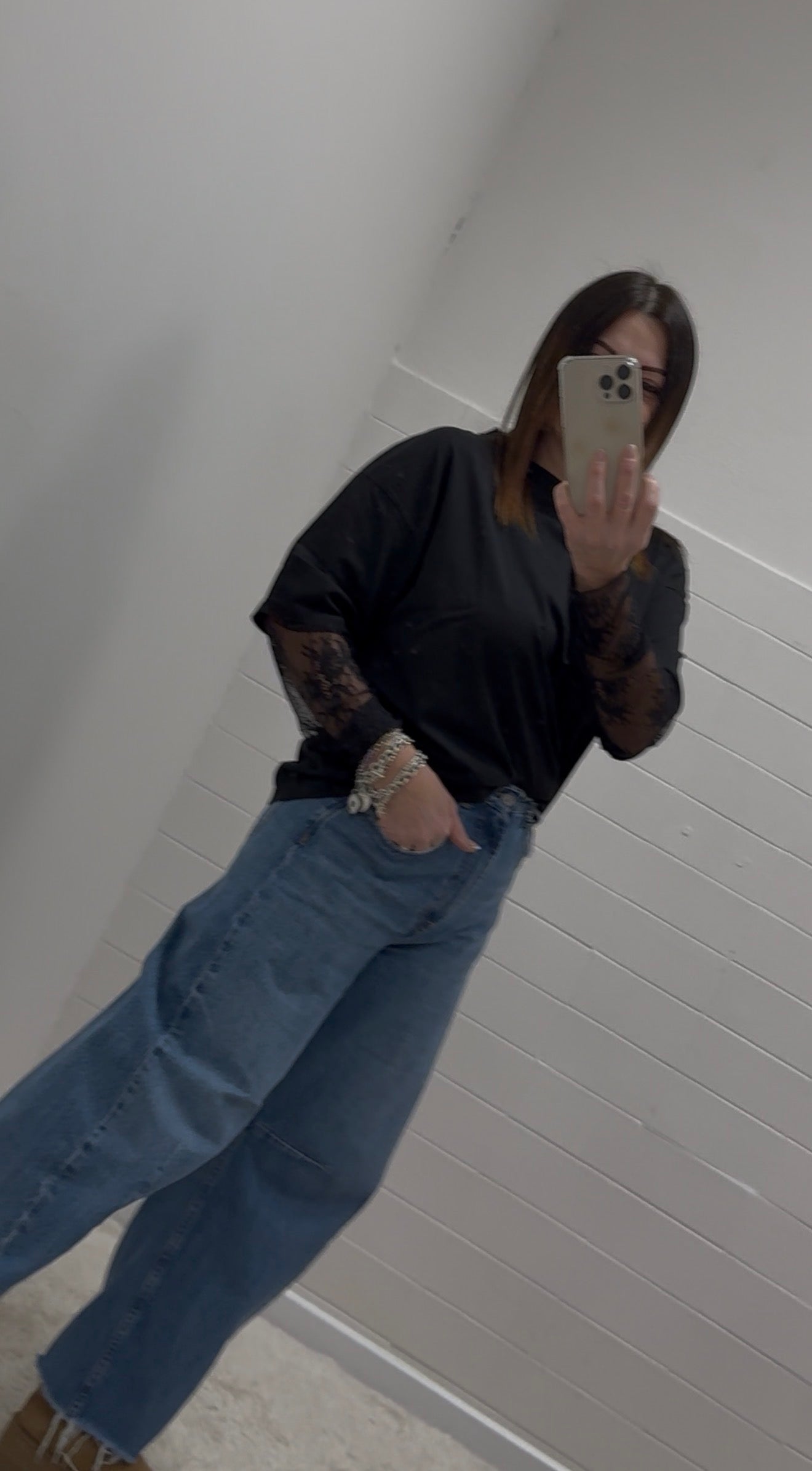 Susy Mix T-Shirt con Manica in Pizzo Nera