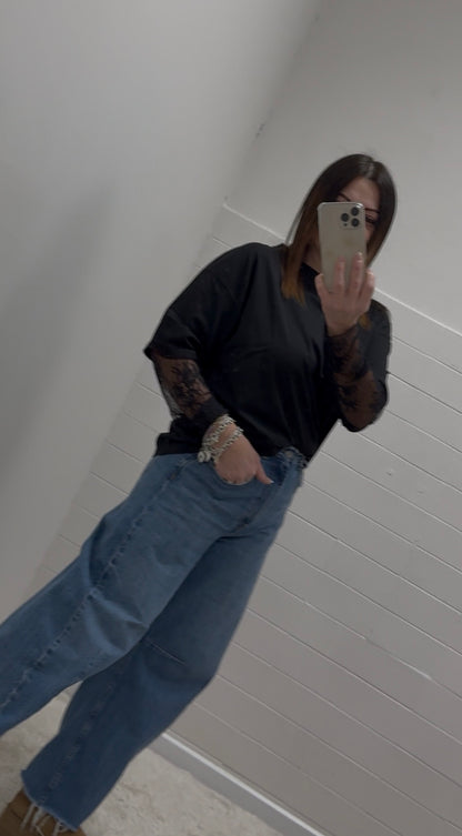 Susy Mix T-Shirt con Manica in Pizzo Nera