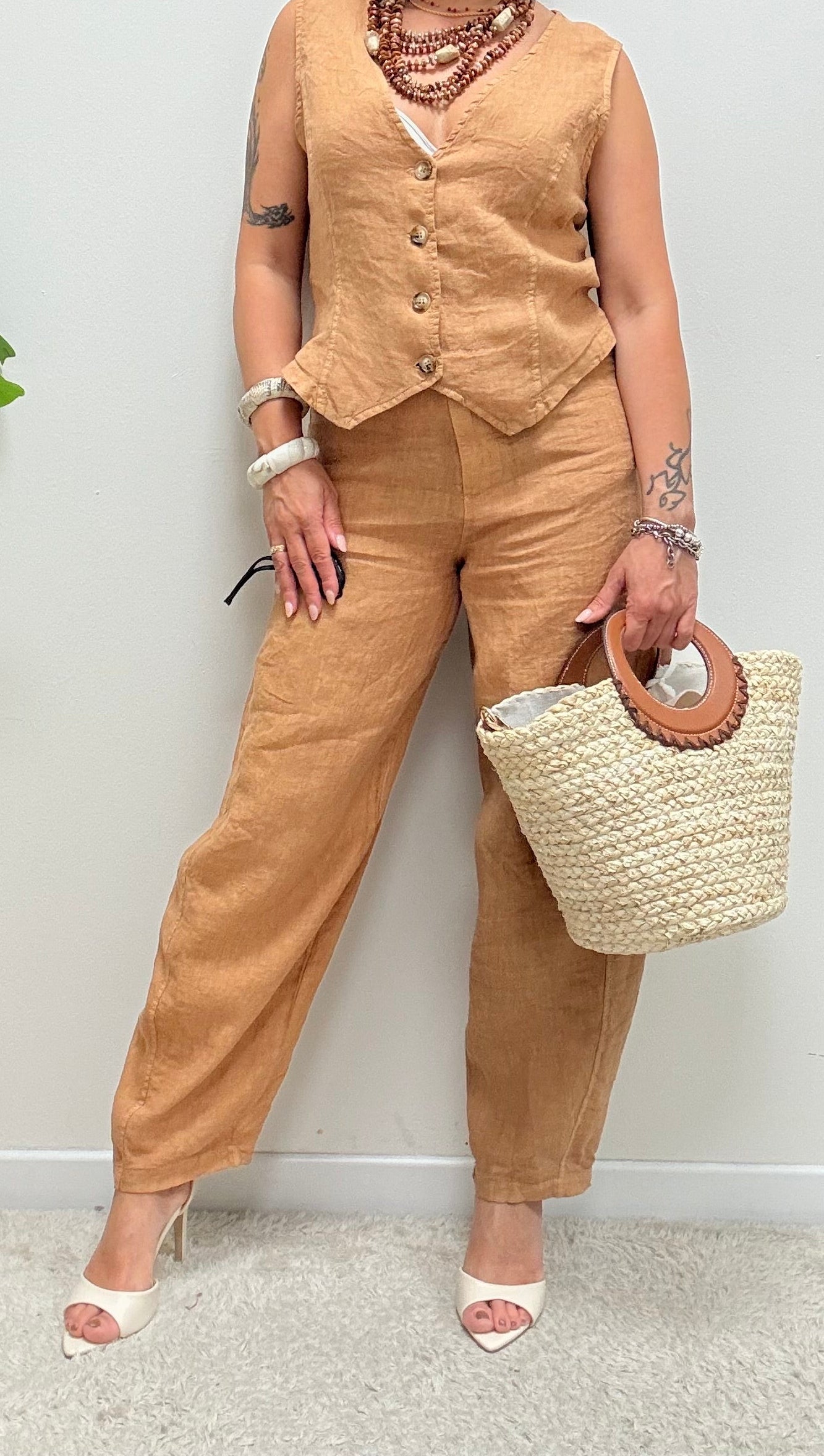 Pantaloni Barbara in lino cammello Haveone