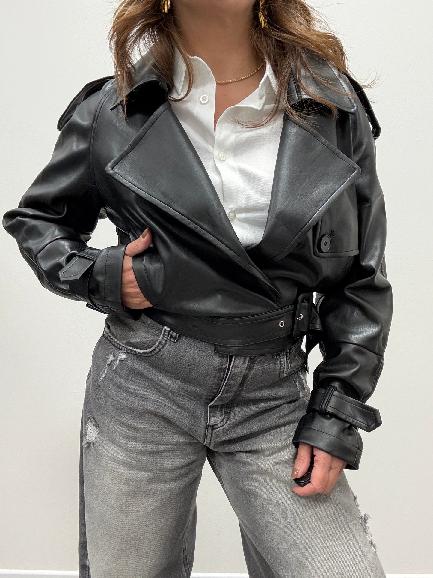 Giacca bomber ecopelle cintura nero