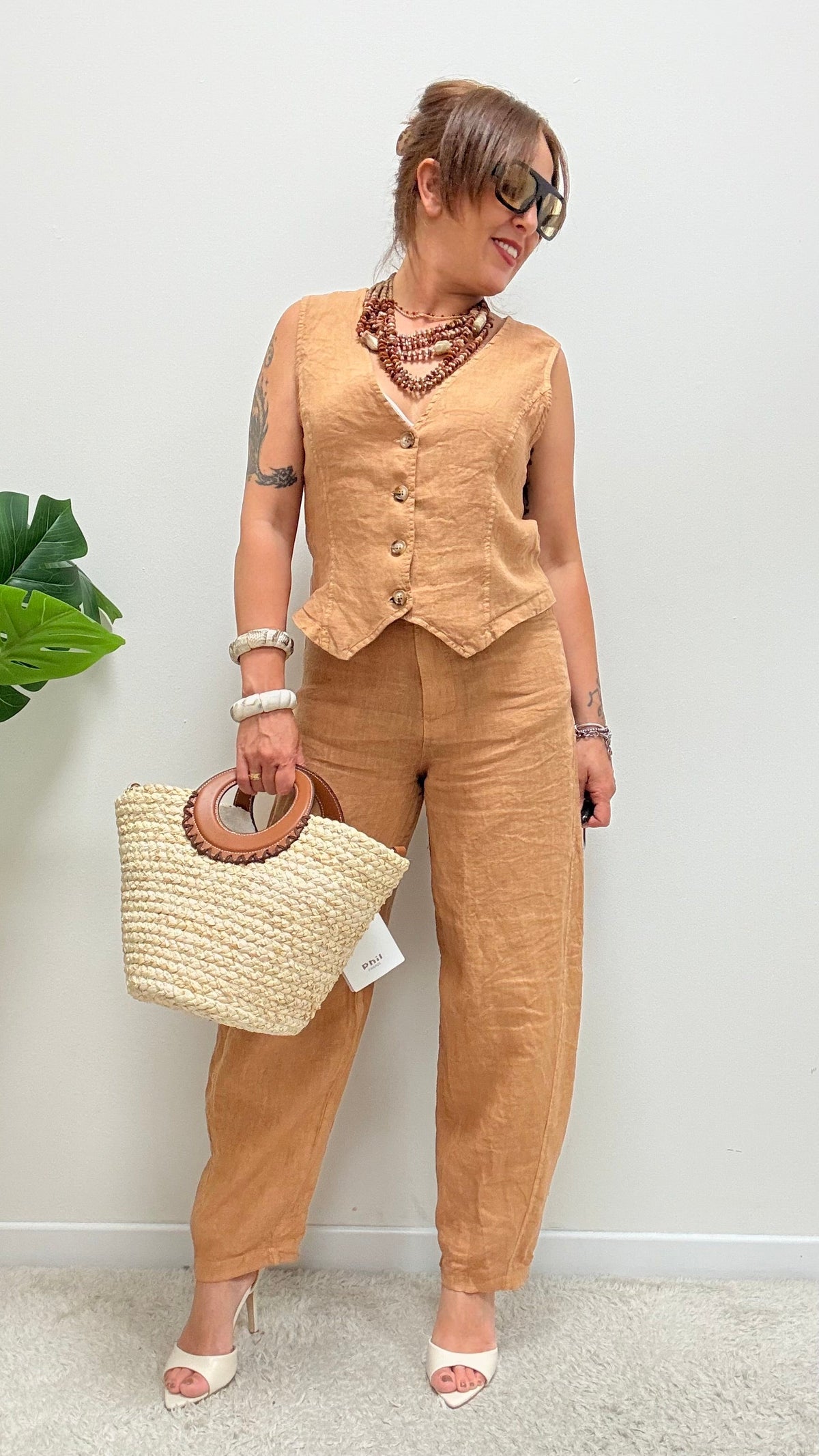 Gilet in lino avvitato cammello Haveone