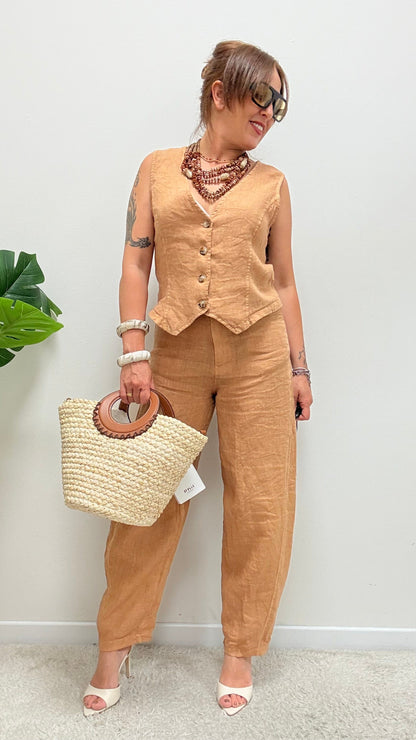 Gilet in lino avvitato cammello Haveone