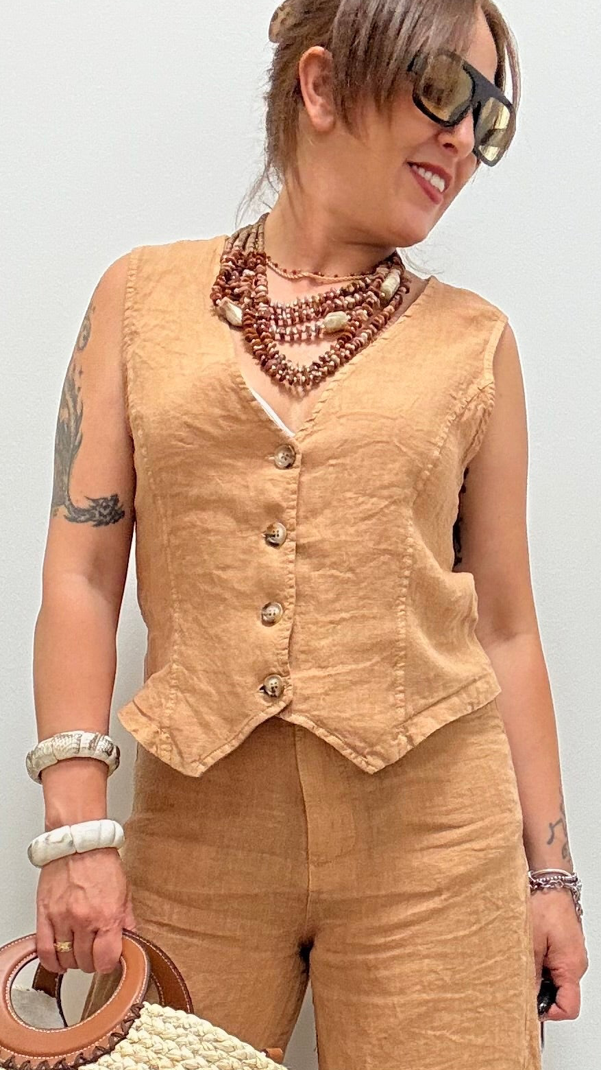 Gilet in lino avvitato cammello Haveone